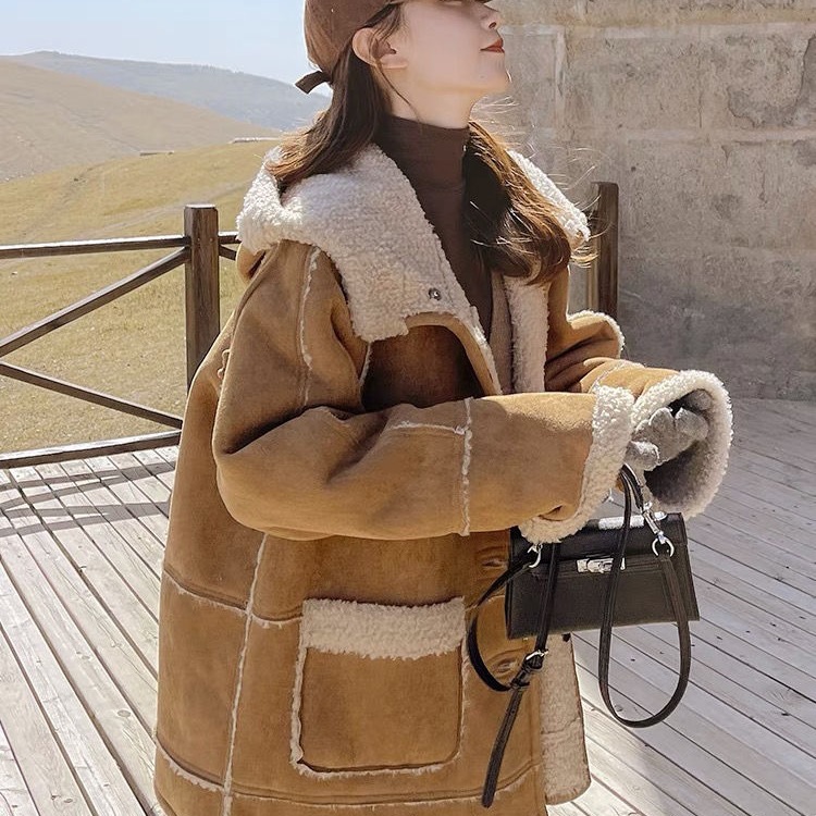 Damen-Winterfleecejacke aus Kunstleder und Wollmischung, Kapuzenmantel aus Baumwolle mit dickem Fleece_voghion.com