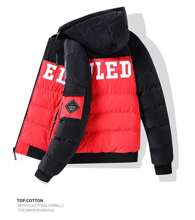 Wattierte Herrenjacke mit Stickerei, Daunenfüllung, dicker Baumwolle, kontrastfarbenem Futter, lockerer, abnehmbarer Mütze und doppelseitiger Kapuze_voghion.com