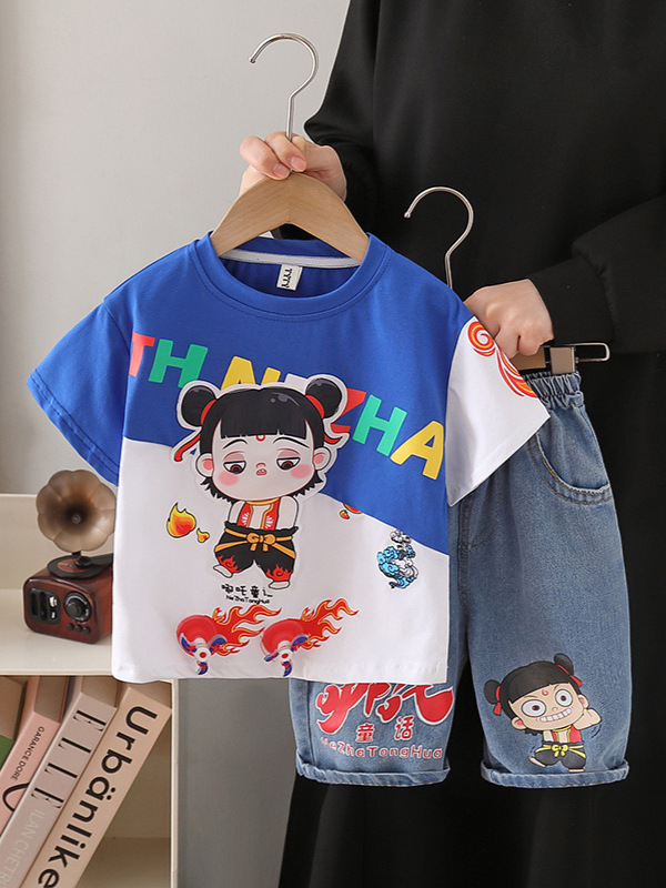 7852 Ropa infantil Nezha, conjunto de ropa de verano para niños, nuevo estilo 2026, ropa de verano de manga corta para bebés, ropa infantil a la moda