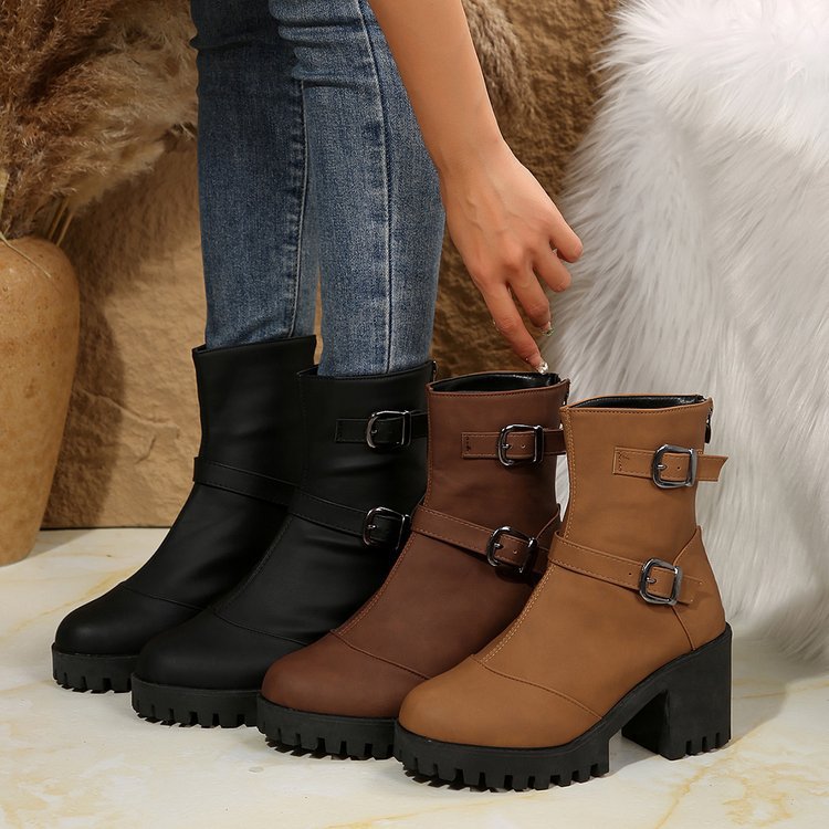 Big size thick heel boots women's autumn and winter fashion belt buckle explosive short boots cotton boots fashion boots_voghion.com
