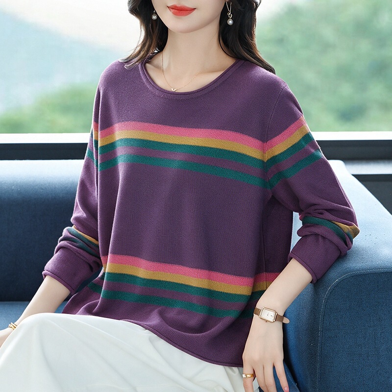 2026 Autumn New Vintage Artistic Loose Casual Round Neck Color-Block Knit Sweater for Women, Loose Cotton Top 2026 Autumn New Vintage Artistic Loose Casual Round Neck Color-Block Knit Sweater for Women, Loose Cotton Top