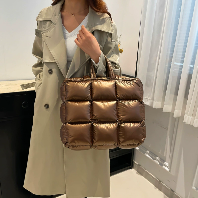 Glossy nylon quilted handheld shoulder bag with down