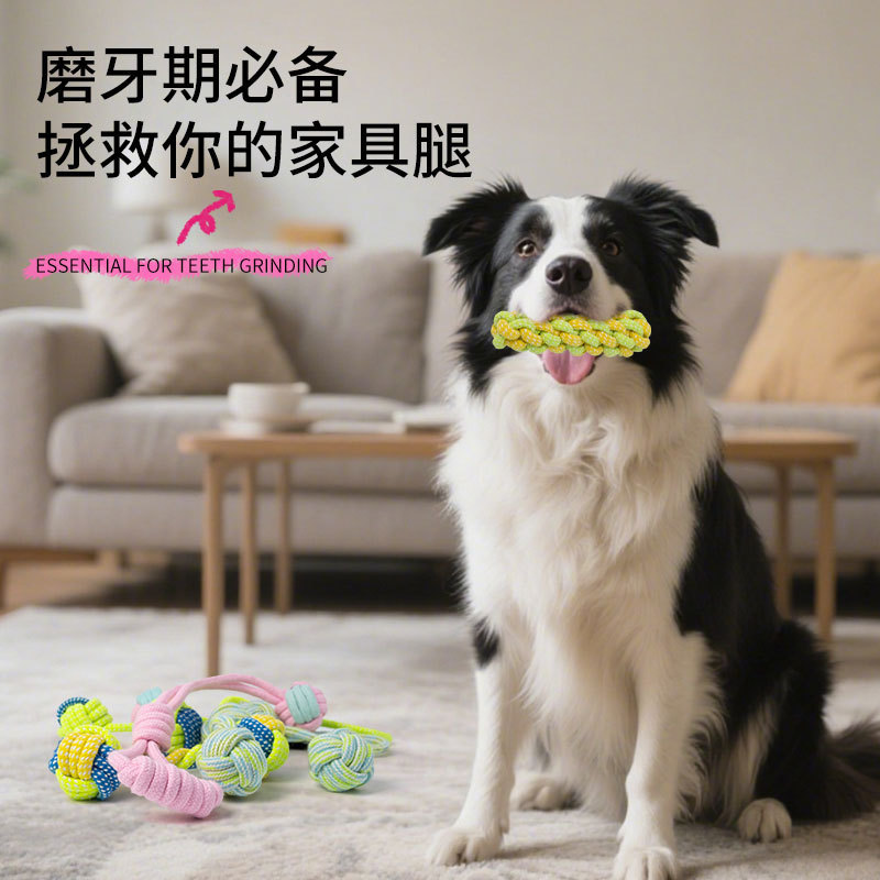 新品马卡龙色粉嫩小幼犬宠物棉绳玩具套装居家户外互动啃咬玩具球|undefined