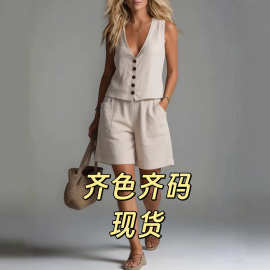 欧美跨境亚马逊夏季棉麻无袖马甲阔腿短裤两件套休闲通勤气质套装