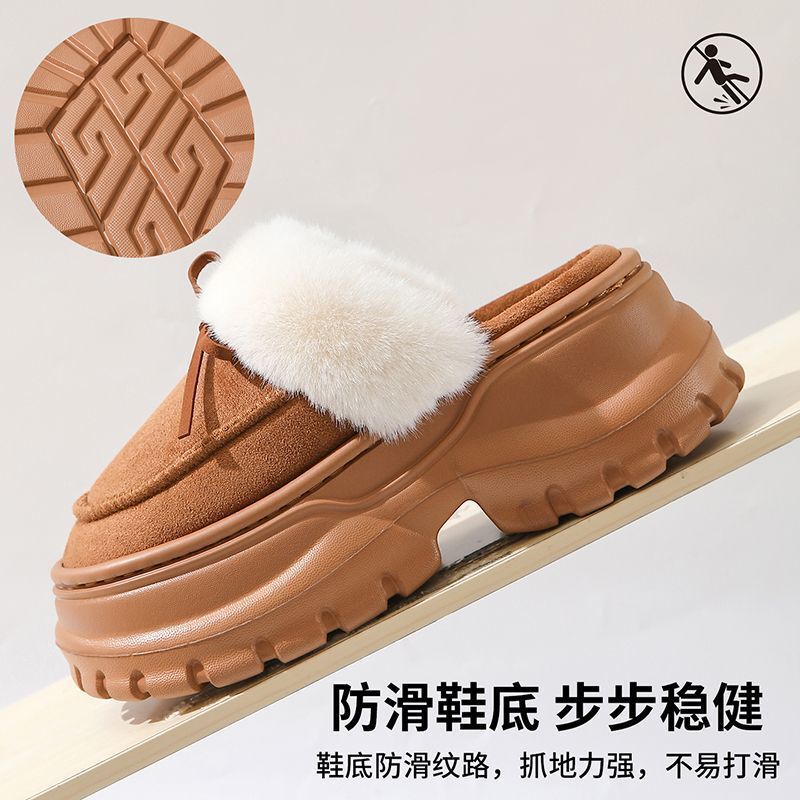 Bow Cotton Slippers for Women, Thick-Soled High-Heeled Indoor High-Bottom Slippers, Winter Velvet, Warm and Non-Slip When Going Out