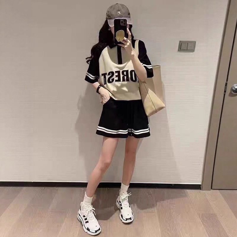 Korean Style Embroidered Large Size mm Fashion Casual Sports Set Women's Polo Shirt Drawstring Short Loose Slimming Look Two-Piece Set for Women
