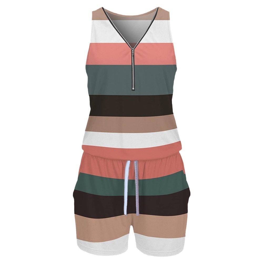 2023 verano nuevo Amazon Venta caliente rayas color a juego impreso de una sola pieza pantalones cortos sin mangas cremallera cuello en V mono