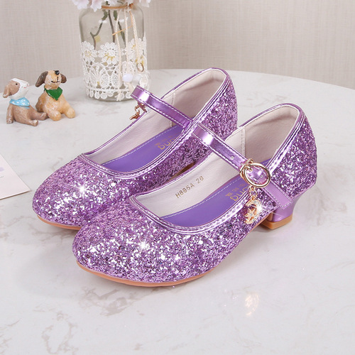 Children's High Heels, Girls' Fashion Student Silver Sparkle Performance Shoes, Female Baby Etiquette Flower Shoes