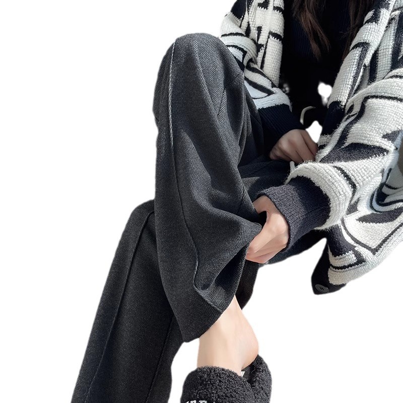 Pantalones de piernas anchas de lana estrecha para mujeres otoño y invierno 2024 nuevo patrón de hippie de cintura alta grueso pantalones de arroz rectos casuales
