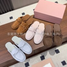 莞产高定26早春缪*走秀新款麂皮乐福鞋蝴蝶结深口一脚蹬懒人拖鞋
