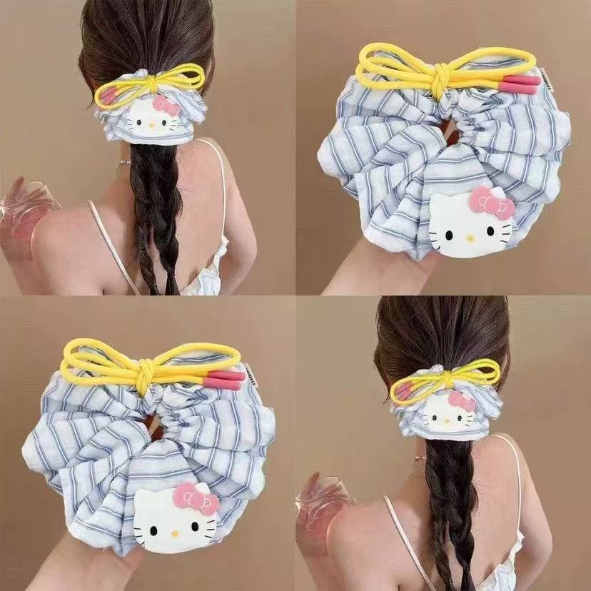 甜美韩系可爱kt蝴蝶结条纹大肠发圈女简约慵懒感百搭扎发头绳发饰服饰配件、饰品实拍产品高清图