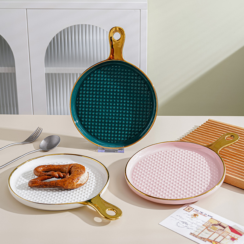 Luz de lujo nórdico Placa de pizza hogar placa de cocción de cerámica placa occidental bandeja con mango placa ins estilo Placa de carne