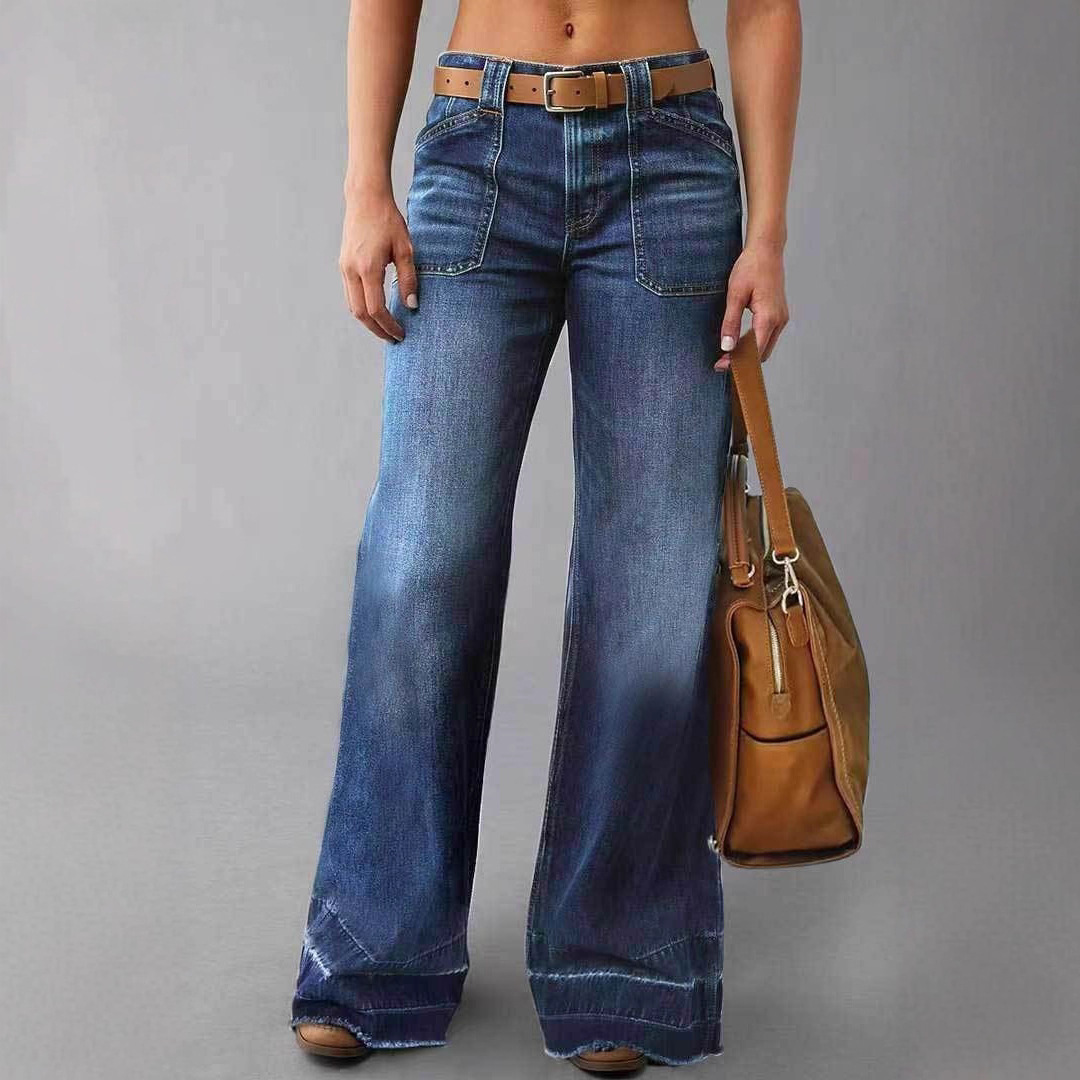 Jeans Rectos para Mujer en Mezcla de Algodón y Poliéster, Corte Recto, Cintura Media, para Uso Diario