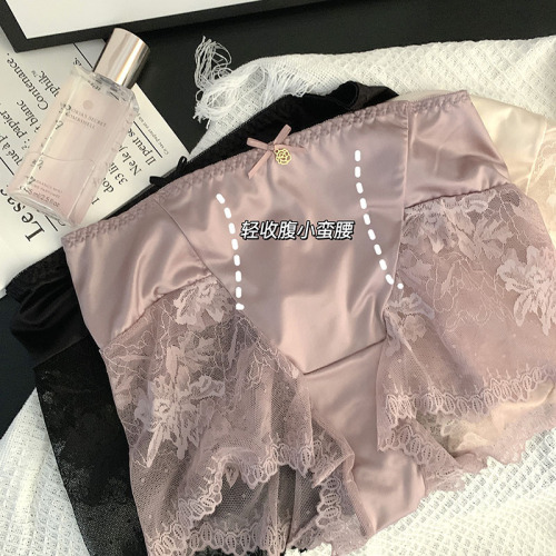 Women's plus size underwear high waist and belly-controlling sexy lace mesh splicing ice silk satin mulberry silk crotch fat MM boxer briefs