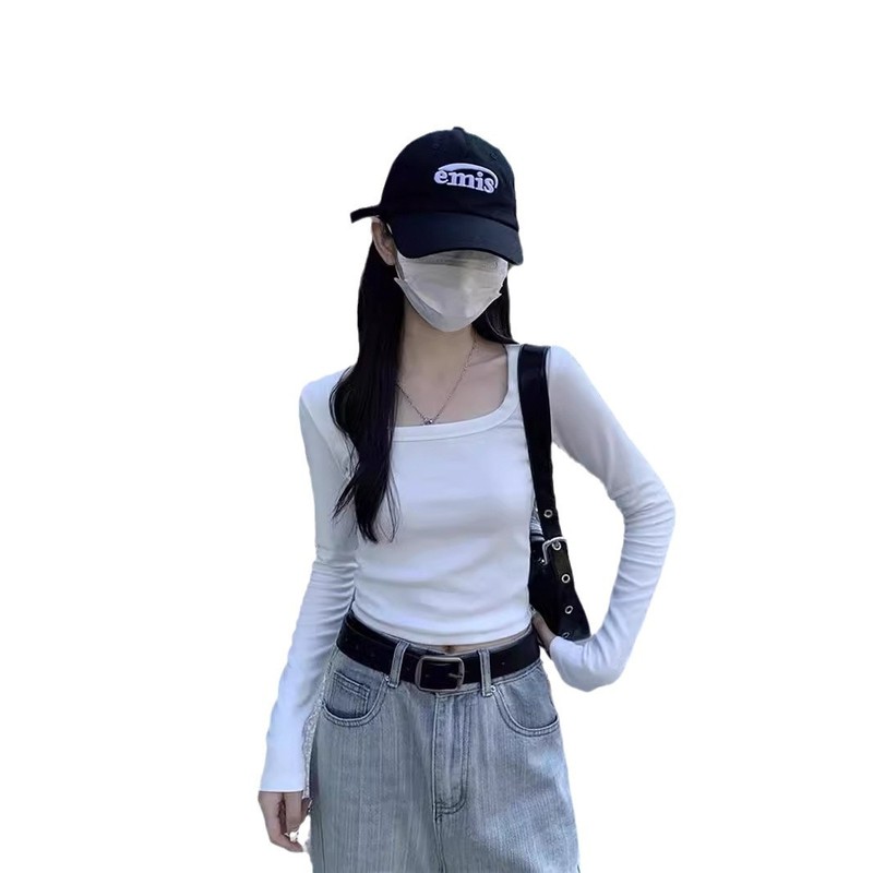 クロスボーダー卸売り秋冬綿のねじの方襟の薄い長袖のtシャツの女性の短いタイプの中で外に身を修める底のシャツを着ます。|undefined