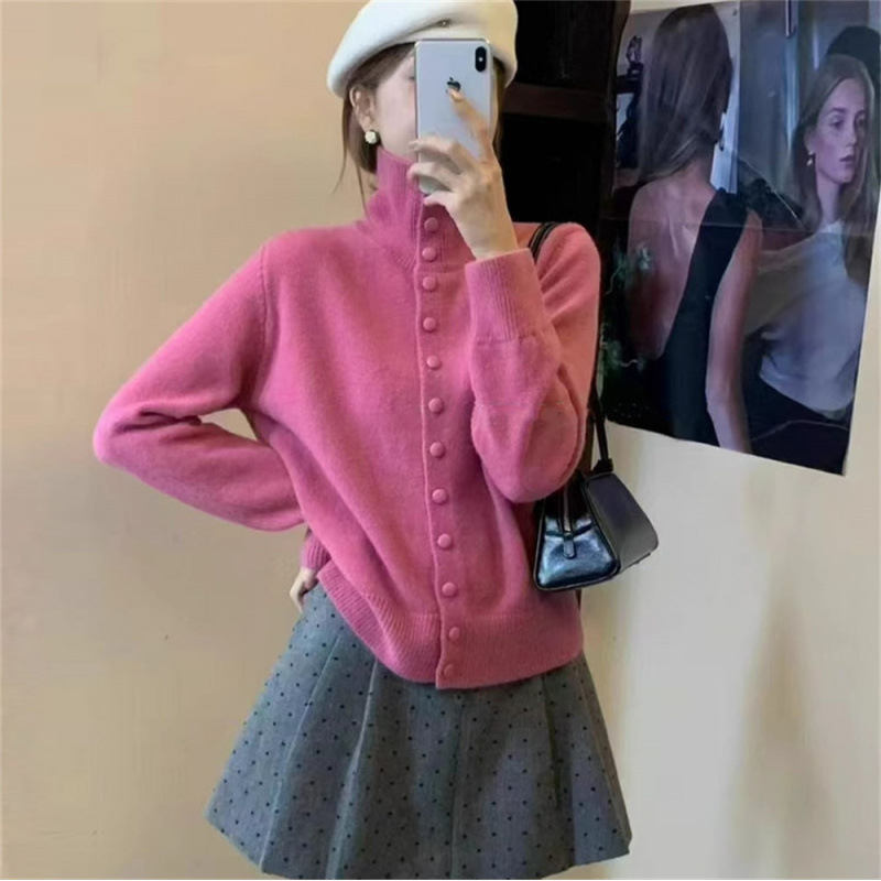 Kaning Gentle Style High-Neck Soft Sweater for Women 2026 Autumn and Winter New Korean Style Outerwear Single-Breasted Knitted Cardigan