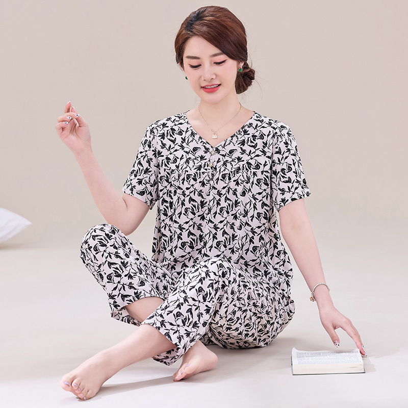 Mom Pajamas Women's Cotton Silk Short-sleeved Pants Suit Home Clothes Pocket Pocket for Middle-aged and Elderly Pajamas Extra Large