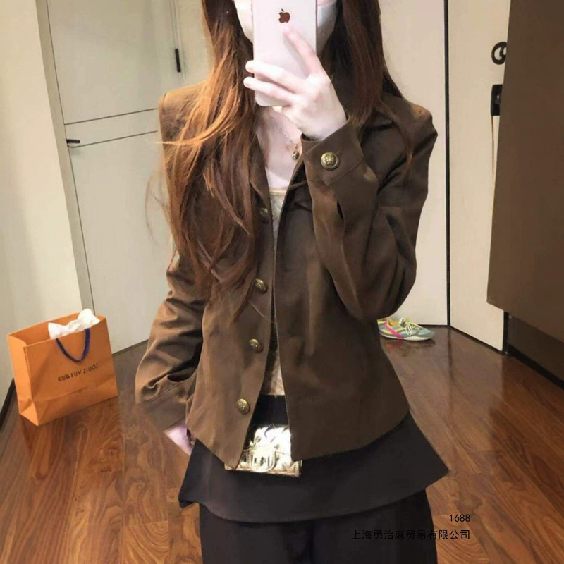 Brown collared work jacket for women, new early autumn style, short and elegant American-style jacket with a cinched waist Brown collared work jacket for women, new early autumn style, short and elegant American-style jacket with a cinched waist