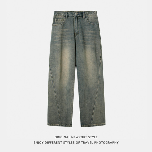 Heavy-duty washed distressed denim jeans for men, spring 3D split design, curved blade pants, retro slim wide-leg long pants