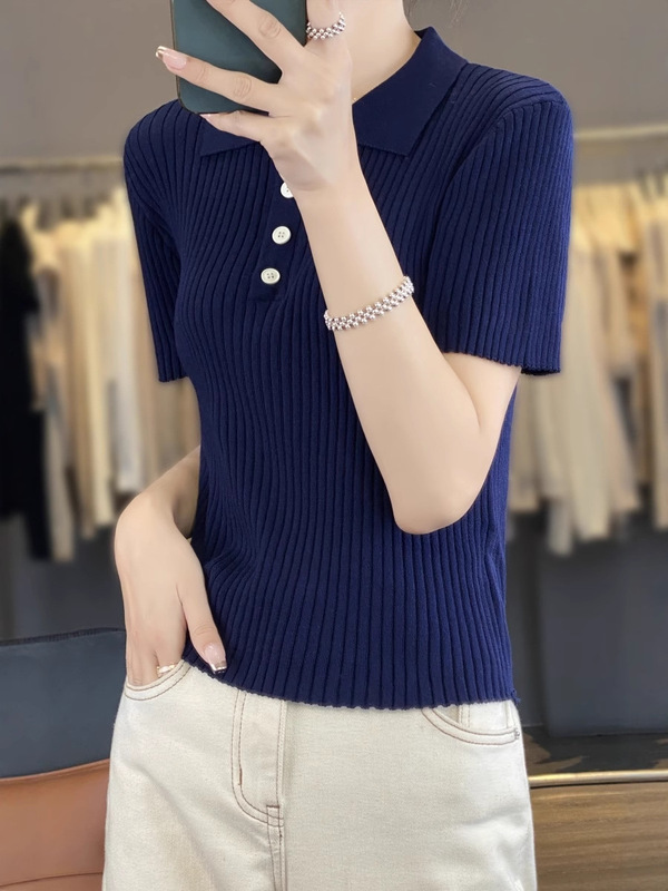 批发夏季上衣女服装t恤polo翻领天丝针织衫薄款显瘦气质百搭短袖|undefined