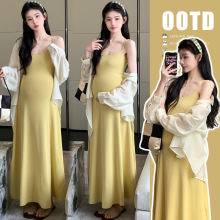 孕妇装2025春夏季新款韩版时尚辣妈弹力吊带裙+防晒开衫两件套装