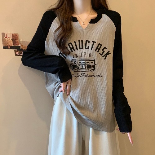 秋季大码时尚正肩V领长袖T恤女秋冬胖mm感显瘦遮肚炸街针织上衣|undefined
