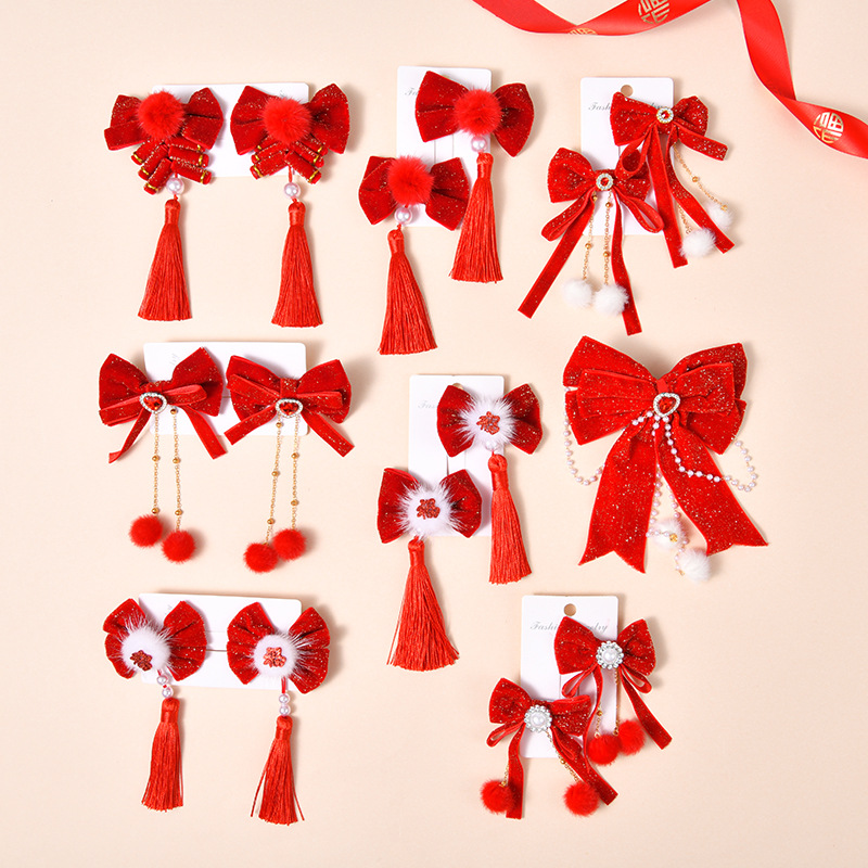 新年发饰喜庆拜年发卡头饰公主皇冠顶夹儿童大红色蝴蝶结发夹宝宝