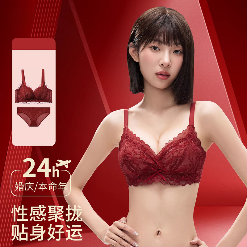 Red Lingerie Set for Women, Wedding Bride, Zodiac Year, Small Chest, Push-Up, 2026 Year of the Horse New Style Bra