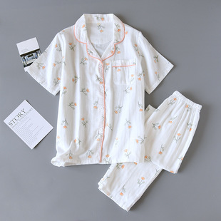 2021 new gauze cotton short sleeve trousers pajamas set double gauze cotton home clothes a generation of hair