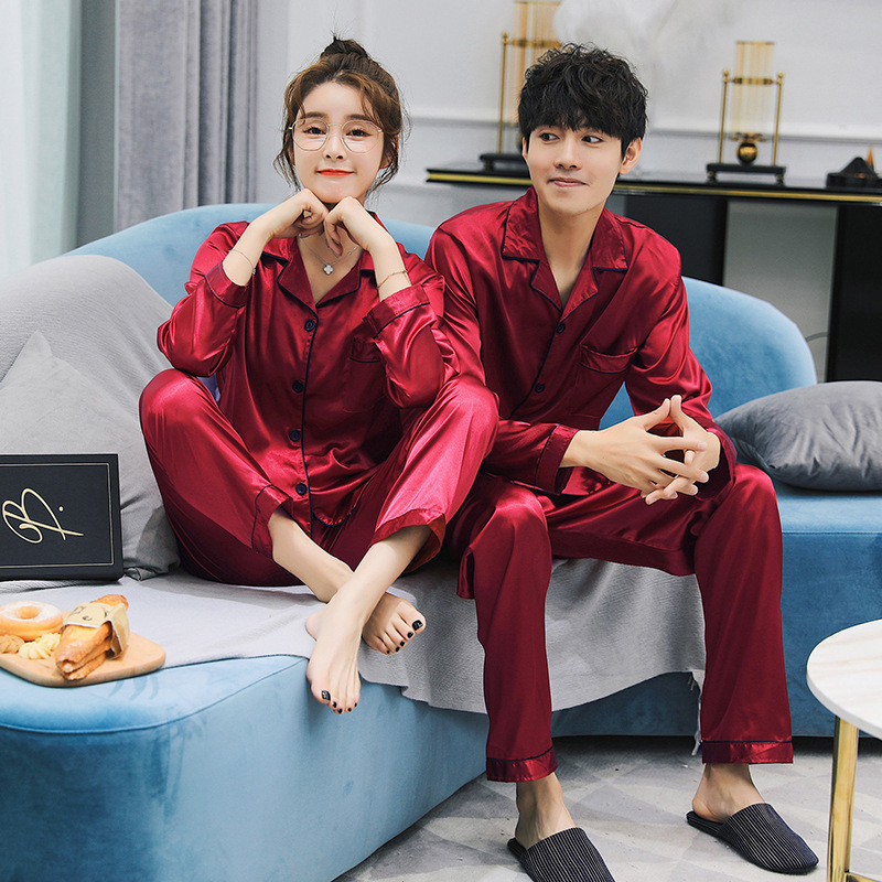 Directo de fábrica pareja pijamas de las mujeres primavera y otoño simple color sólido de seda de hielo de manga larga de seda artificial de los hombres desgaste del hogar traje