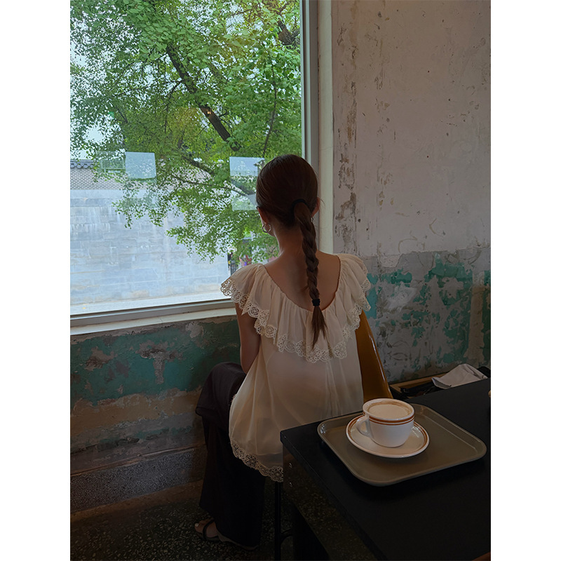 Newopenoriginal26 Summer French-Style Chic Sheer Lace Chiffon Ruffle Top for Women S9093