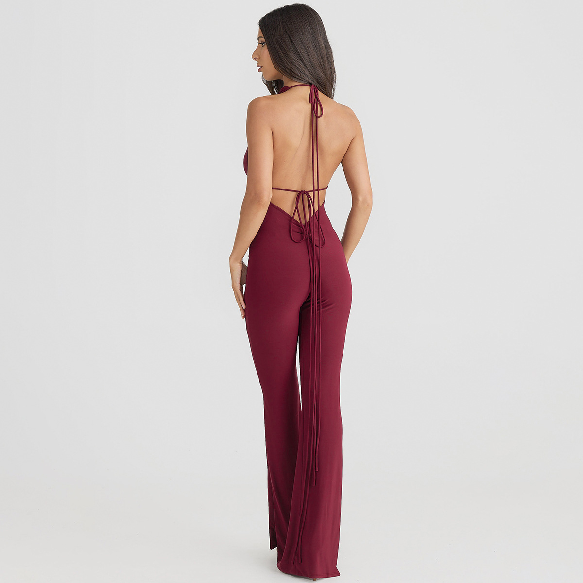 Women Clothing Summer Sexy Backless Fold Split Slim Fit Tied Jumpsuit