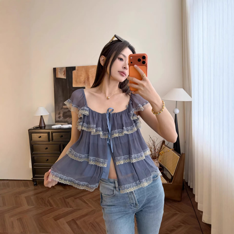Designer Brand 26 Spring/Summer New Lace Patchwork Small Flutter Sleeve Square Neck Tank Top Niche Design Versatile Top