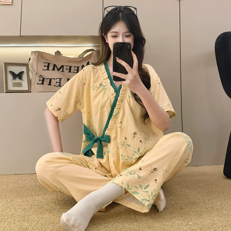 Летний новый женский комплект домашней одежды в национальном стиле: кимоно-кардиган с кружевной завязкой, короткий и длинный, из хлопчатобумажной ткани «облако».