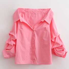 2023春外贸跨境批发欧美女装长袖露肩款打褶袖衬衫  5950