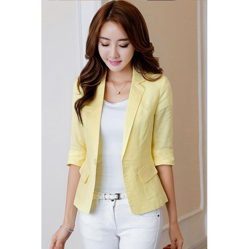 Women's Short Sleeve Slim Fit Thin Cotton-Linen Casual Cropped Blazer Jacket for Spring