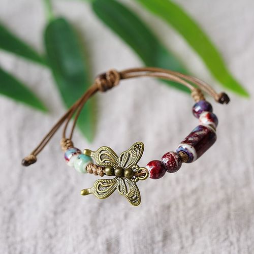 Literary ethnic style imperial concubine butterfly ceramic long sweater chain women's antique style pendant retro Chinese style butterfly necklace