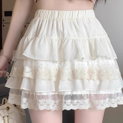 White lace cake dress skirt half skirt for women summer high-waist slimming petite A-line skirt princess bubble dress