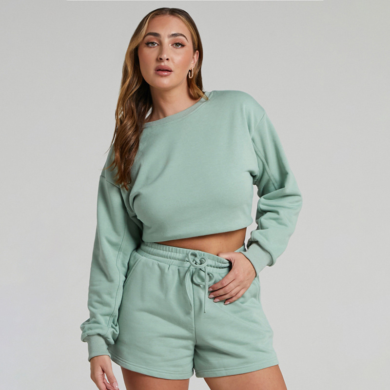 Solid Color Long Sleeve Sweaters Women Clothing Short Two-Piece Casual Shorts Suit