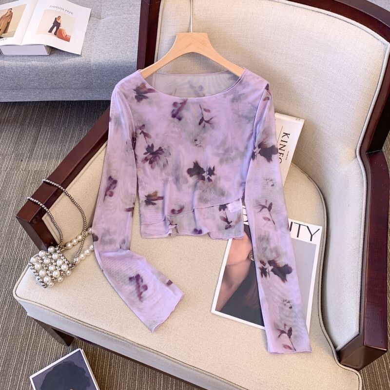 U-Neck Irregular Long-Sleeved T-Shirt Women's Summer Short Cross Chic Top Dream Tie-Dye Mesh Sunscreen Base Shirt