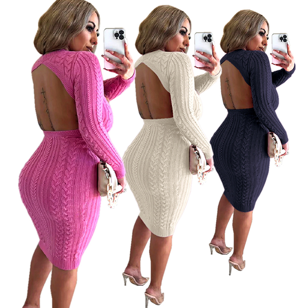 Robe pull femme couleur unie sexy mode robe en maille_voghion.com
