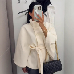 设计感立领收腰显瘦系带纯色呢子外套女2025跨境欧美风新款