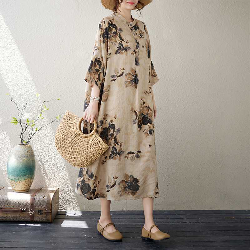 2024 Summer New Elegant Artistic Retro Cotton and Linen Printed Collar Loose Super Long plus size Holiday dress