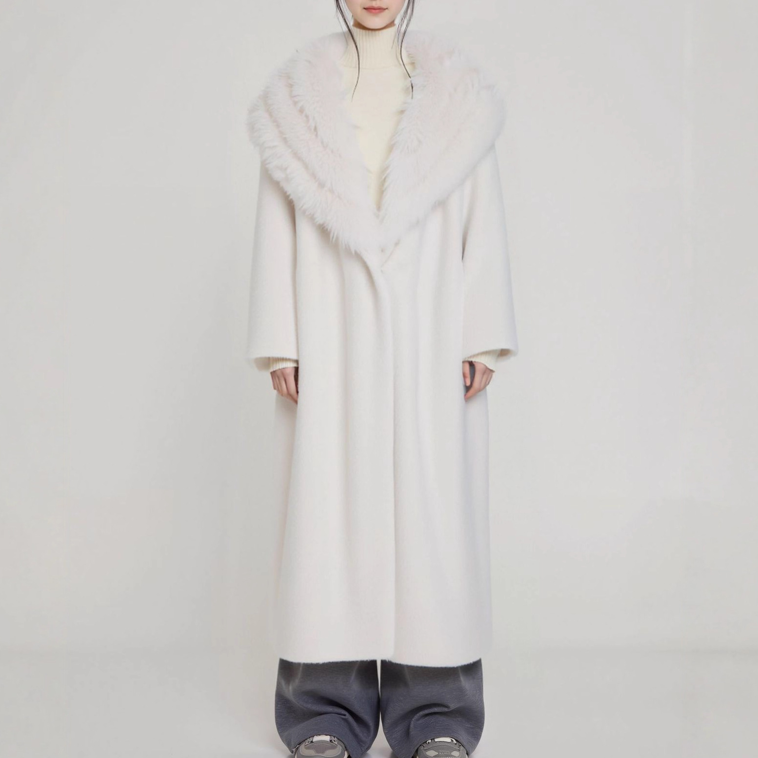 慵懒风大翻领宽松休闲羊呢大衣女冬季新款时尚百搭毛毛皮草外套