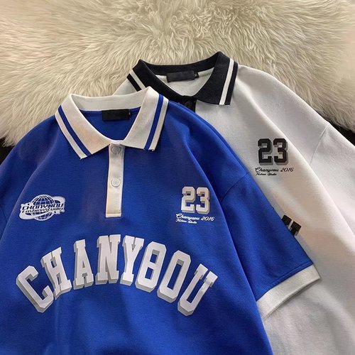 Summer Klein Blue American Retro Polo Shirt Short Sleeve T-Shirt for Men, National Trend Ins Loose Men's Half Sleeve T-Shirt