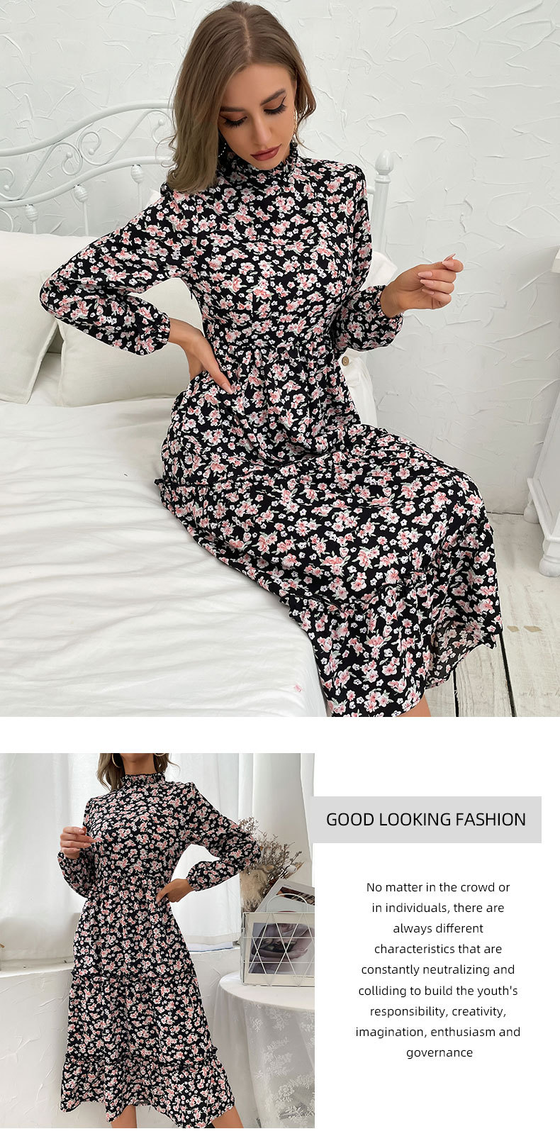 Mid-Length Half High Collar Pleated Print Dress NSYYF88554