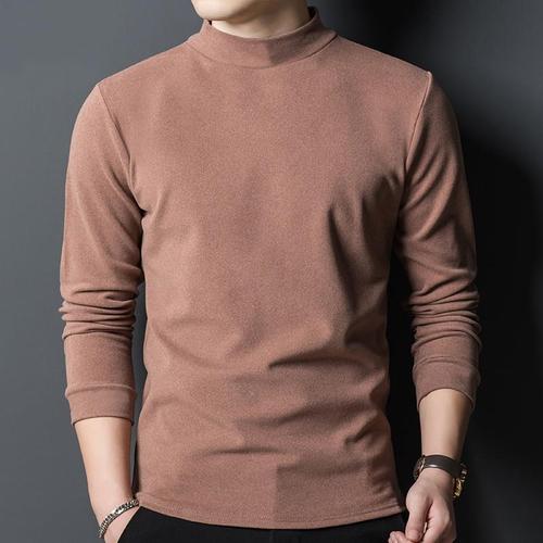 Men's Semi-High Collar Long-Sleeve T-Shirt with Fleece, Autumn/Winter Slim Fit Black Innerwear Fashion Cozy Underwear Top for Men