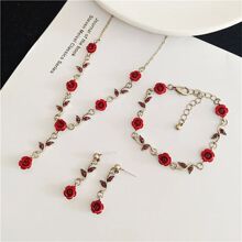 Vintage Red Rose Flower Necklace Bracelet Earring Jewelry Se