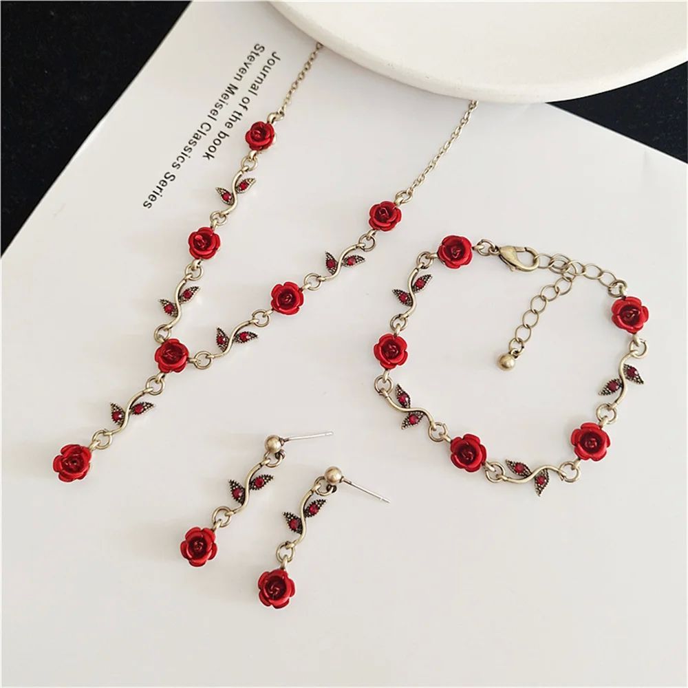 Vintage Red Rose Flower Necklace Bracelet Earring Jewelry Se