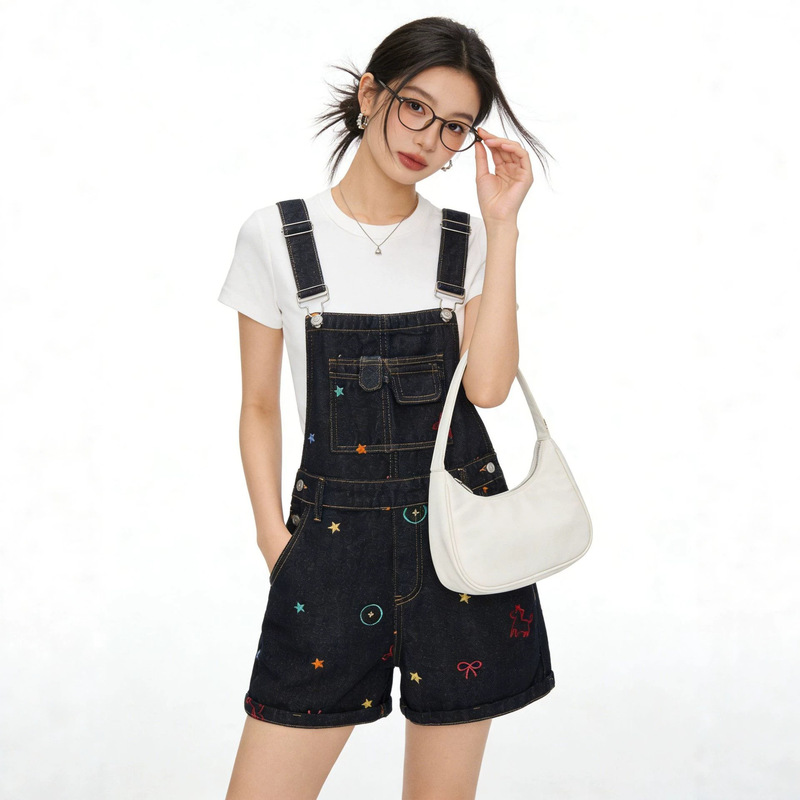 Denim Overalls Shorts for Women, Summer New Style, Denim Blue, Korean Style, Versatile Wide-Leg Shorts with Embroidery